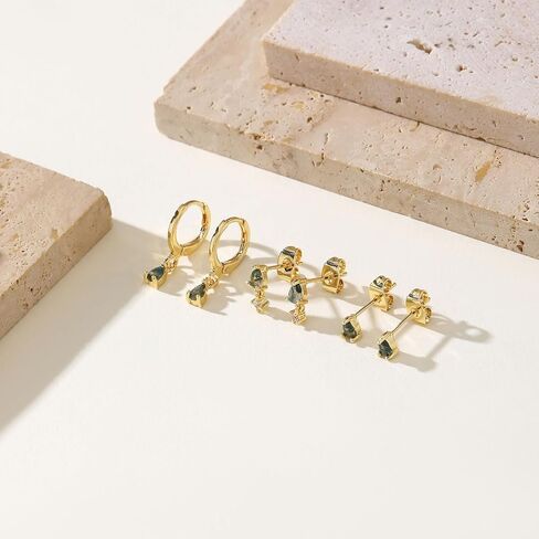 Moss Agate Gold Earrings for Women Set Stud Earring Stacks 14k Gold Plated Hypoallergenic Huggie Hoop Earrings Set Green Gemstone Dangle Earring Golden Jewelry Gifts For Women in Saudi Arabia