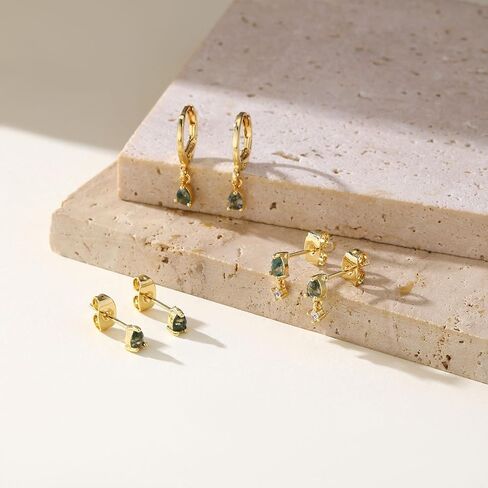 Moss Agate Gold Earrings for Women Set Stud Earring Stacks 14k Gold Plated Hypoallergenic Huggie Hoop Earrings Set Green Gemstone Dangle Earring Golden Jewelry Gifts For Women in Saudi Arabia