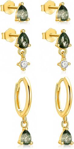 Moss Agate Gold Earrings for Women Set Stud Earring Stacks 14k Gold Plated Hypoallergenic Huggie Hoop Earrings Set Green Gemstone Dangle Earring Golden Jewelry Gifts For Women in Saudi Arabia