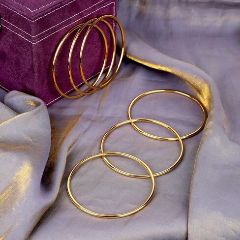 Linkidea Plus Size Bangle Bracelets Set for Women, Set of 6 Stainless Steel Extra Large Round Golden Bangles Fashion Accessories, 9.8 Inches (XXL) in Kuwait