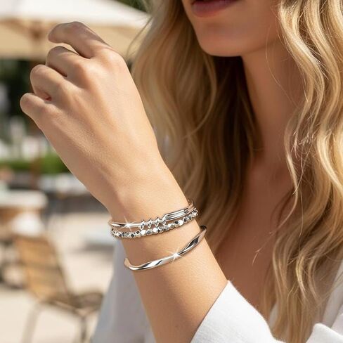 3 Pcs Silver Bracelets for Women, Simple Minimalist Stainless Steel Bangle Set,Women's gift jewelry in Saudi Arabia