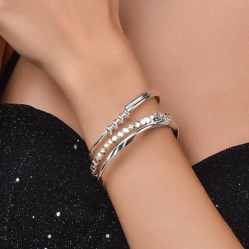 3 Pcs Silver Bracelets for Women, Simple Minimalist Stainless Steel Bangle Set,Women's gift jewelry in Saudi Arabia