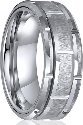 Mens Wedding Bands 8MM Silver/Black Titanium Men's Ring Brick Pattern Grooved Center Wedding Ring Engagement Band Matte Brushed Finish Polished Beveled Edge Comfort Fit Jewelry Gifts Size 6-13 in Saudi Arabia