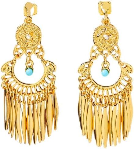 Boho Turquoise Dangle Long Tassel Indian Statement Clip on Earring Ethnic for Women Bollywood Traditional Gypsy Bohemian Gold-Tone Drop Festival Holiday Party Non Pierced Ears Jewelry Gifts in Kuwait