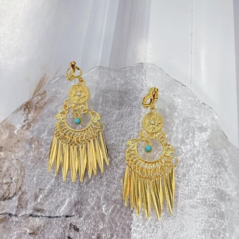 Boho Turquoise Dangle Long Tassel Indian Statement Clip on Earring Ethnic for Women Bollywood Traditional Gypsy Bohemian Gold-Tone Drop Festival Holiday Party Non Pierced Ears Jewelry Gifts in Kuwait