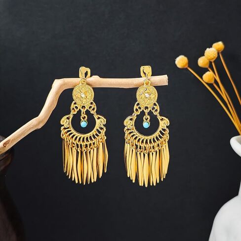 Boho Turquoise Dangle Long Tassel Indian Statement Clip on Earring Ethnic for Women Bollywood Traditional Gypsy Bohemian Gold-Tone Drop Festival Holiday Party Non Pierced Ears Jewelry Gifts in Kuwait