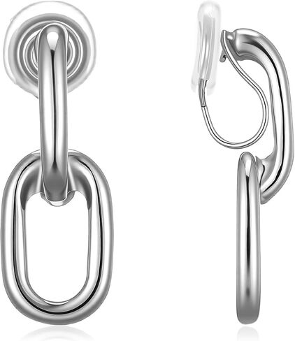 Silver Clip On Earrings for Women, Paperclip Clip On Dangle Earrings Double Hoop Chain Link Earrings Non Piercing Jewelry for Non-Pierced Ears in Saudi Arabia