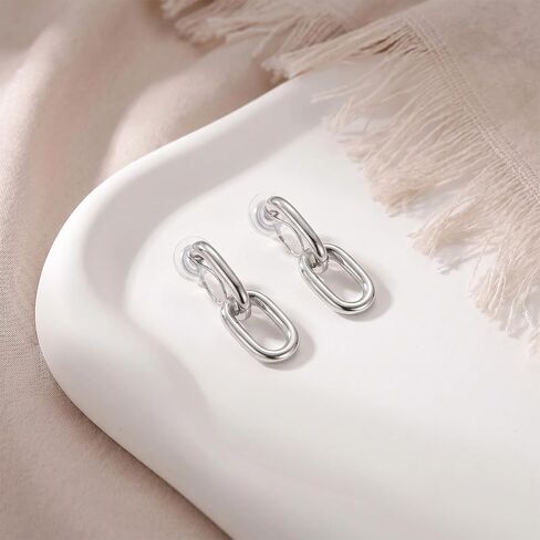 Silver Clip On Earrings for Women, Paperclip Clip On Dangle Earrings Double Hoop Chain Link Earrings Non Piercing Jewelry for Non-Pierced Ears in Saudi Arabia