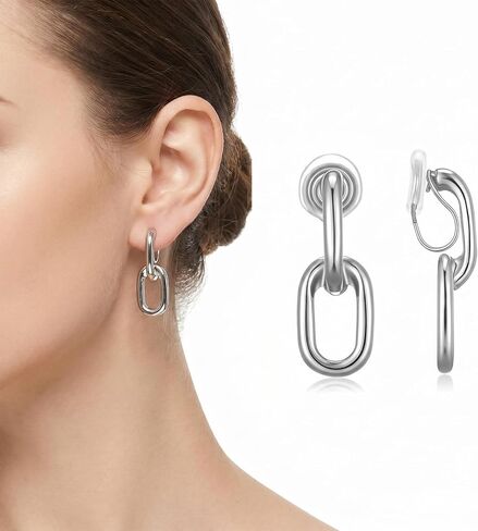 Silver Clip On Earrings for Women, Paperclip Clip On Dangle Earrings Double Hoop Chain Link Earrings Non Piercing Jewelry for Non-Pierced Ears in Saudi Arabia