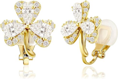 Handset Premium Cubic Zirconia Flower Clip On Earrings for Women 14K Gold Plated Non Pierced Hypoallergenic Jewelry Gifts(with Gift Box) in Kuwait