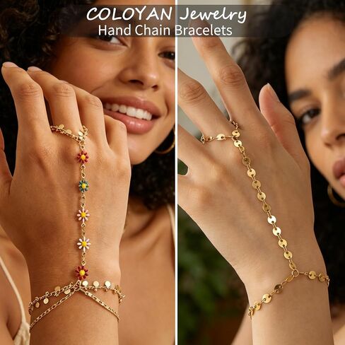 COLOYAN 6Pcs Gold Hand Chain Bracelets Finger Ring Bracelet for Women | 14K Gold Plated, Attractive Design Beaded/Heart/Flower/Rhinestone, Adjustable, Durable, Boho Style for Party Beach Daily Wear in Saudi Arabia