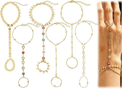 COLOYAN 6Pcs Gold Hand Chain Bracelets Finger Ring Bracelet for Women | 14K Gold Plated, Attractive Design Beaded/Heart/Flower/Rhinestone, Adjustable, Durable, Boho Style for Party Beach Daily Wear in Saudi Arabia