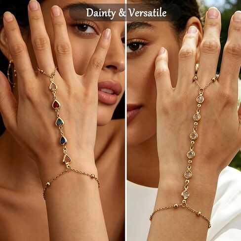 COLOYAN 6Pcs Gold Hand Chain Bracelets Finger Ring Bracelet for Women | 14K Gold Plated, Attractive Design Beaded/Heart/Flower/Rhinestone, Adjustable, Durable, Boho Style for Party Beach Daily Wear in Saudi Arabia