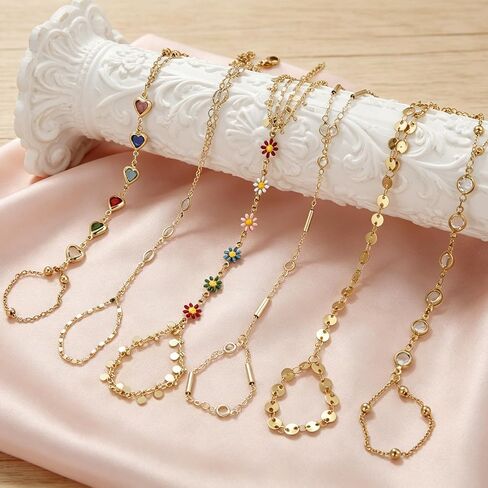 COLOYAN 6Pcs Gold Hand Chain Bracelets Finger Ring Bracelet for Women | 14K Gold Plated, Attractive Design Beaded/Heart/Flower/Rhinestone, Adjustable, Durable, Boho Style for Party Beach Daily Wear in Saudi Arabia