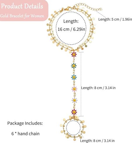 COLOYAN 6Pcs Gold Hand Chain Bracelets Finger Ring Bracelet for Women | 14K Gold Plated, Attractive Design Beaded/Heart/Flower/Rhinestone, Adjustable, Durable, Boho Style for Party Beach Daily Wear in Saudi Arabia