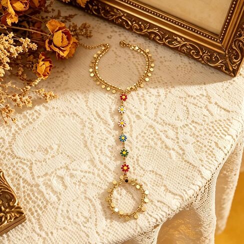 COLOYAN 6Pcs Gold Hand Chain Bracelets Finger Ring Bracelet for Women | 14K Gold Plated, Attractive Design Beaded/Heart/Flower/Rhinestone, Adjustable, Durable, Boho Style for Party Beach Daily Wear in Saudi Arabia
