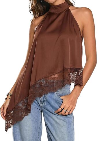 KASBAH Brown Asymmetrical Halter Top Going Out Tops for Women Sleeveless Lace Hem Tank Tops Cute Dinner Bar Festival Outfits in Saudi Arabia