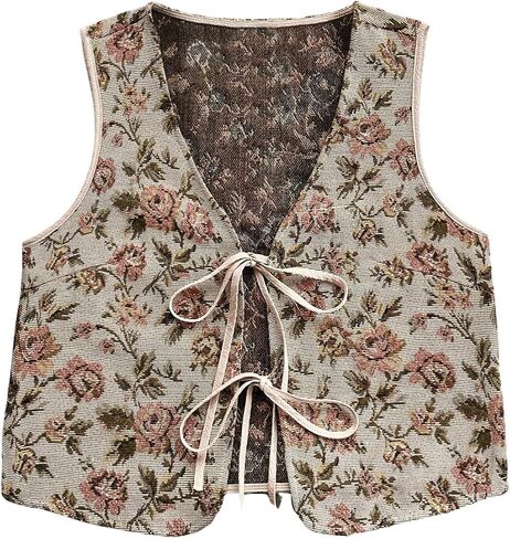 MakeMeChic Women's Boho Vintage Plus Size Floral Vests Sleeveless V Neck Tie Front Vest Outerwear in Kuwait