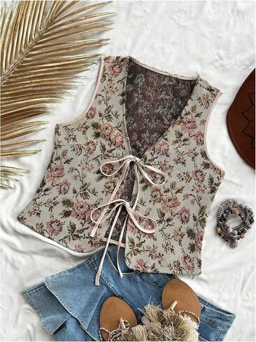 MakeMeChic Women's Boho Vintage Plus Size Floral Vests Sleeveless V Neck Tie Front Vest Outerwear in Kuwait