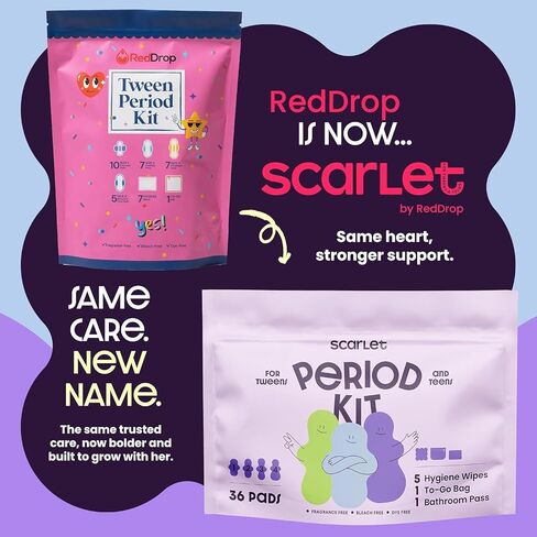 Scarlet By RedDrop Tween Period Kit for Girls 9–12 (45 Pcs) | 36 Pads with Wings (Light, Moderate, Heavy, Max), 5 Wipes, PU Bag, Education Booklet, Bathroom Pass & Sticker Sheet in Kuwait