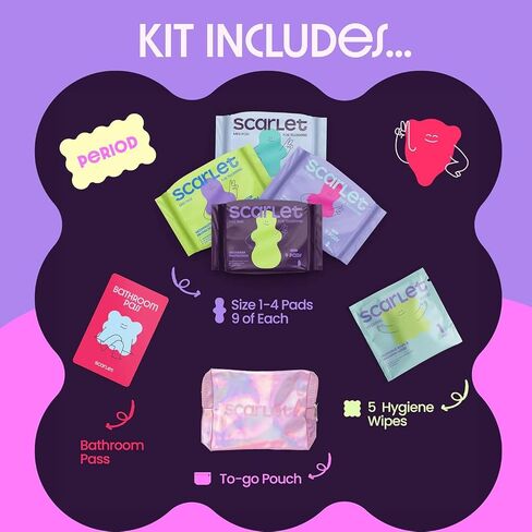 Scarlet By RedDrop Tween Period Kit for Girls 9–12 (45 Pcs) | 36 Pads with Wings (Light, Moderate, Heavy, Max), 5 Wipes, PU Bag, Education Booklet, Bathroom Pass & Sticker Sheet in Kuwait
