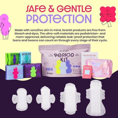 Scarlet By RedDrop Tween Period Kit for Girls 9–12 (45 Pcs) | 36 Pads with Wings (Light, Moderate, Heavy, Max), 5 Wipes, PU Bag, Education Booklet, Bathroom Pass & Sticker Sheet in Kuwait