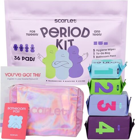 Scarlet By RedDrop Tween Period Kit for Girls 9–12 (45 Pcs) | 36 Pads with Wings (Light, Moderate, Heavy, Max), 5 Wipes, PU Bag, Education Booklet, Bathroom Pass & Sticker Sheet in Kuwait