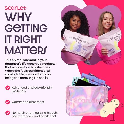 Scarlet By RedDrop Tween Period Kit for Girls 9–12 (45 Pcs) | 36 Pads with Wings (Light, Moderate, Heavy, Max), 5 Wipes, PU Bag, Education Booklet, Bathroom Pass & Sticker Sheet in Kuwait