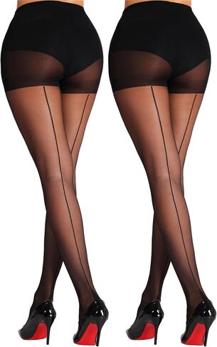 KU Sheer Tights for women, Vintage 30D Black Pantyhose with Control Top, Backseam, Cuban Heel & Reinforced Toes (2 Pairs) in Saudi Arabia