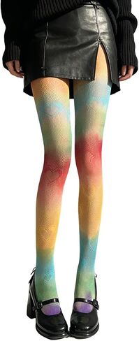 Rainbow Heart Patterned Fishnet Stockings Rainbow Women Sheer Tights Fishnet Sexy Colorful Hollow Out High Waist Pantyhose for Rainbow Pride Day Party Hallowmas in Kuwait