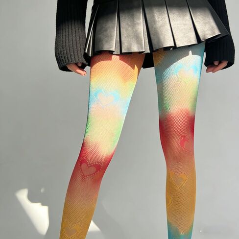 Rainbow Heart Patterned Fishnet Stockings Rainbow Women Sheer Tights Fishnet Sexy Colorful Hollow Out High Waist Pantyhose for Rainbow Pride Day Party Hallowmas in Kuwait