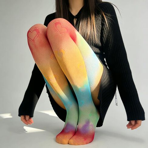 Rainbow Heart Patterned Fishnet Stockings Rainbow Women Sheer Tights Fishnet Sexy Colorful Hollow Out High Waist Pantyhose for Rainbow Pride Day Party Hallowmas in Kuwait