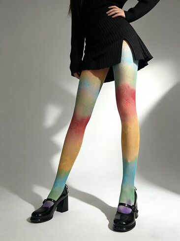 Rainbow Heart Patterned Fishnet Stockings Rainbow Women Sheer Tights Fishnet Sexy Colorful Hollow Out High Waist Pantyhose for Rainbow Pride Day Party Hallowmas in Kuwait