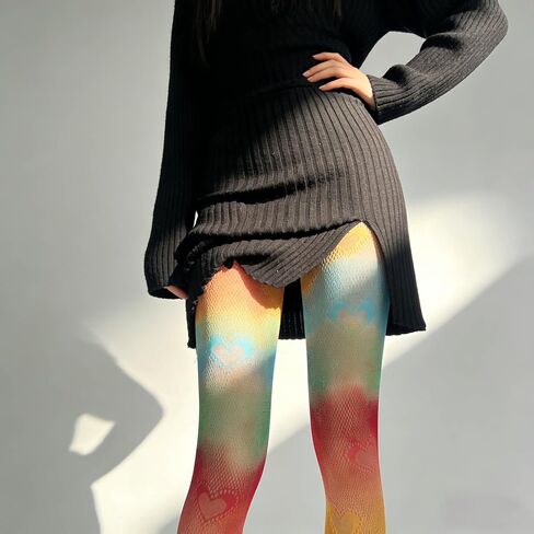 Rainbow Heart Patterned Fishnet Stockings Rainbow Women Sheer Tights Fishnet Sexy Colorful Hollow Out High Waist Pantyhose for Rainbow Pride Day Party Hallowmas in Kuwait