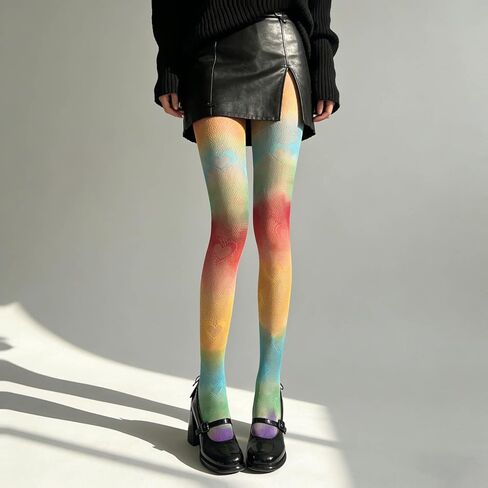Rainbow Heart Patterned Fishnet Stockings Rainbow Women Sheer Tights Fishnet Sexy Colorful Hollow Out High Waist Pantyhose for Rainbow Pride Day Party Hallowmas in Kuwait