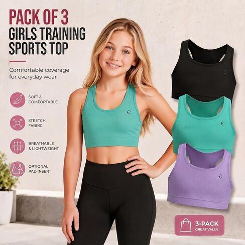 Girls Sports Bra 3-Pack - Padded Racerback Training Bras for Kids, Teens, Stretch Athletic Yoga Crop Top 3-16 Years in Saudi Arabia