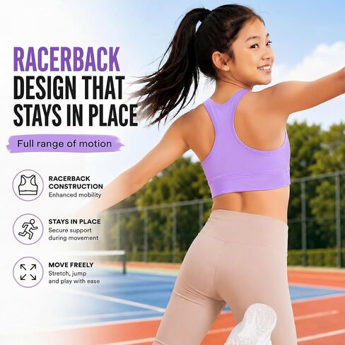 Girls Sports Bra 3-Pack - Padded Racerback Training Bras for Kids, Teens, Stretch Athletic Yoga Crop Top 3-16 Years in Saudi Arabia