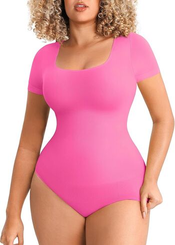 FeelinGirl Short Sleeve Bodysuit for Women Date Night Tops Shapewear Compression Body Suit Seamless Square Neck Pink, M/L in Kuwait