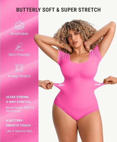 FeelinGirl Short Sleeve Bodysuit for Women Date Night Tops Shapewear Compression Body Suit Seamless Square Neck Pink, M/L in Kuwait