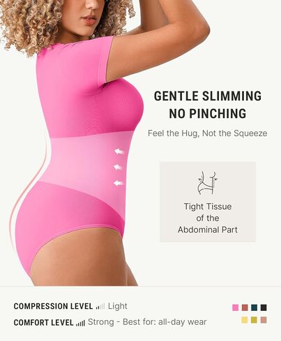 FeelinGirl Short Sleeve Bodysuit for Women Date Night Tops Shapewear Compression Body Suit Seamless Square Neck Pink, M/L in Kuwait
