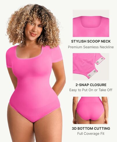 FeelinGirl Short Sleeve Bodysuit for Women Date Night Tops Shapewear Compression Body Suit Seamless Square Neck Pink, M/L in Kuwait