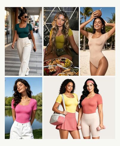 FeelinGirl Short Sleeve Bodysuit for Women Date Night Tops Shapewear Compression Body Suit Seamless Square Neck Pink, M/L in Kuwait