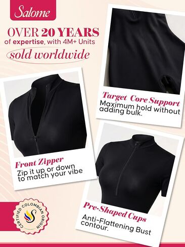 Salome Zip Up Bodysuit, Compression One Piece Body | Short Sleeve Athletic Romper with Front Zipper, Soft Shaping Control in Saudi Arabia