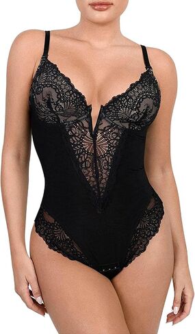 Black Lace Bodysuits for Women Body Suits Tummy Control Seamless Sculpting Snatched Waist Backless Shapewear Thong in Saudi Arabia