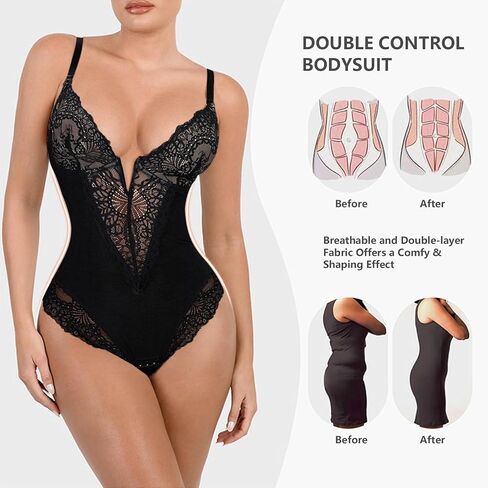 Black Lace Bodysuits for Women Body Suits Tummy Control Seamless Sculpting Snatched Waist Backless Shapewear Thong in Saudi Arabia