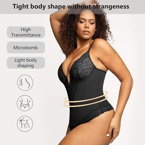 Black Lace Bodysuits for Women Body Suits Tummy Control Seamless Sculpting Snatched Waist Backless Shapewear Thong in Saudi Arabia