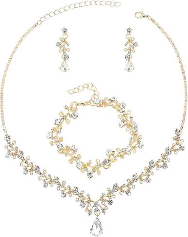 Austrian Crystal Jewelry Set For Women Bridal Jewelry Set For Wedding Ubic Zirconia Plated Necklace Dangle Drop Earrings Bracelet Set?Gold Jewelry Sets For Women Formal in Kuwait