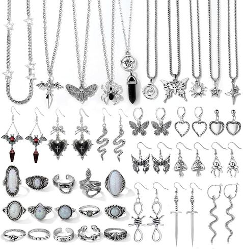 37 Pcs Grunge Vintage Punk Jewelry Set Gothic Earrings Fairy Butterfly Boho Crystal Y2k Cross Pendant Choker Stackable Knuckle Rings for Women Men in Kuwait