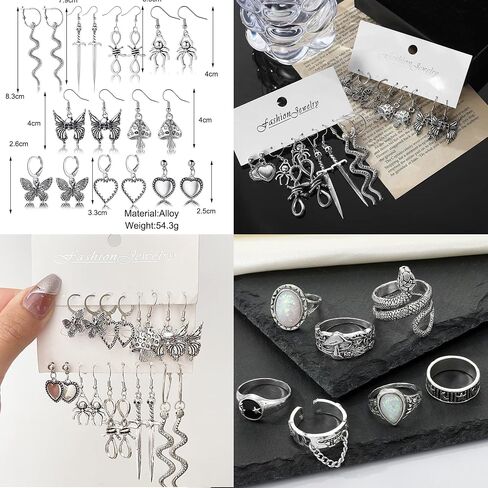 37 Pcs Grunge Vintage Punk Jewelry Set Gothic Earrings Fairy Butterfly Boho Crystal Y2k Cross Pendant Choker Stackable Knuckle Rings for Women Men in Kuwait