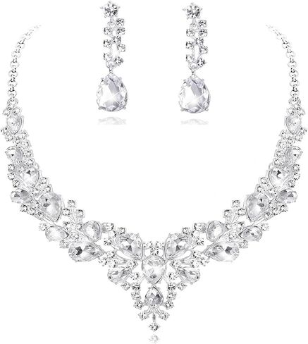 ORAZIO Silver Plated Jewelry Set for Women Rhinestone Necklace and Earring Crystal Bridal Wedding Jewelry Sets for Bride Bridesmaid Prom Costume Accessories in Kuwait